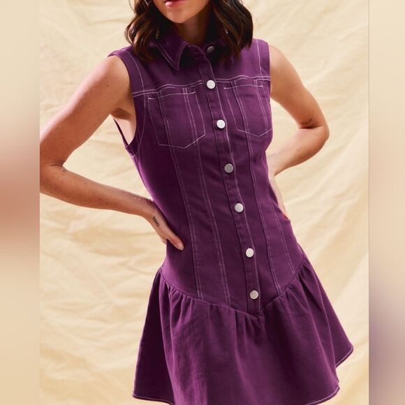 Purple Sleeveless Button-Down Dress White Stitching size Medium - Picture 10 of 14